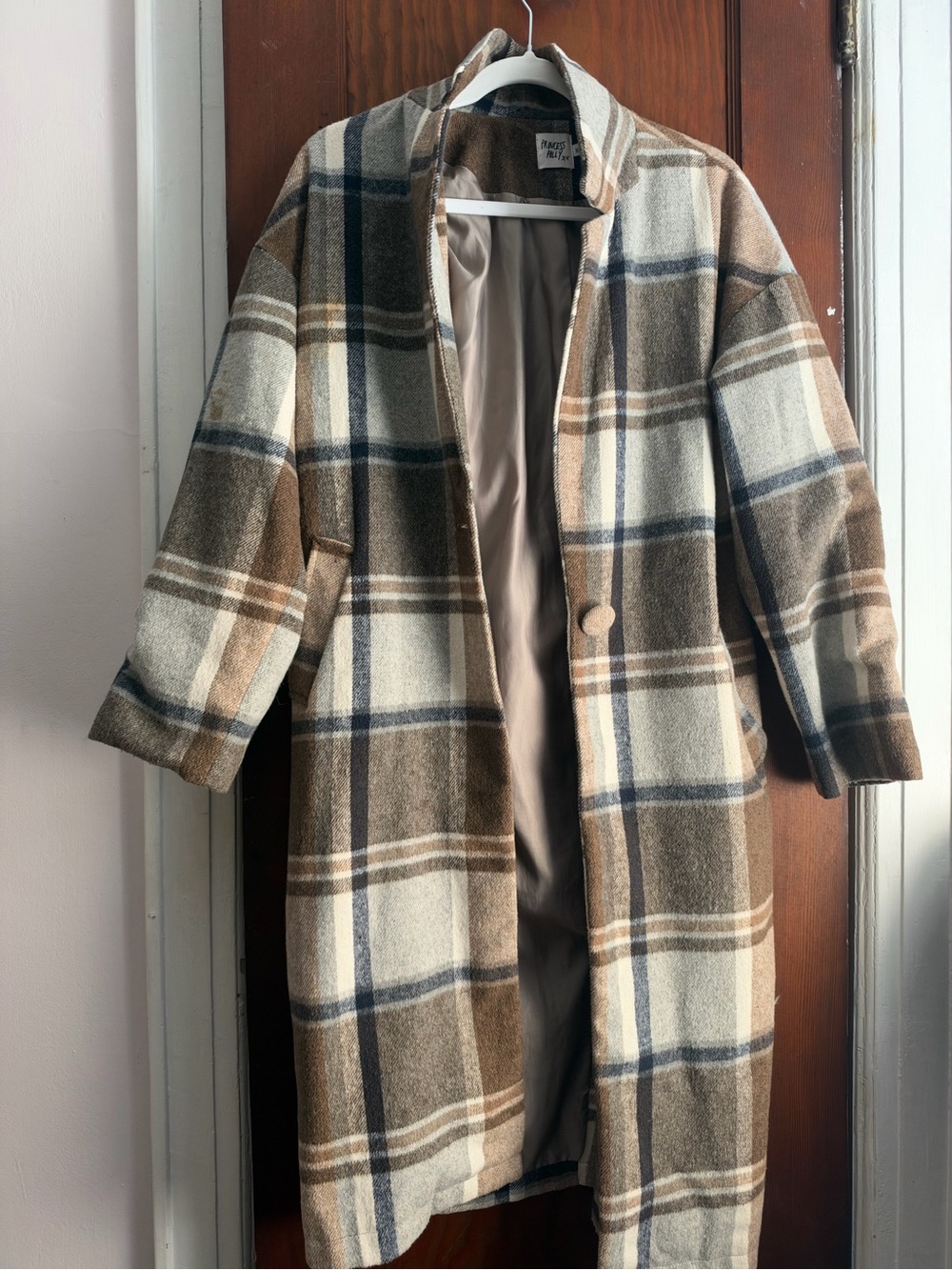 Plaid Wool-Blend Coat in Brown & Cream - Princess Polly